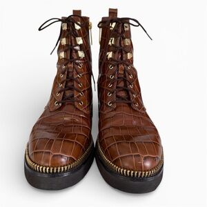 MICHAEL MICHAEL KORS Brown Crocodile Embossed Leather Combat Boots Zip Lace 8.5